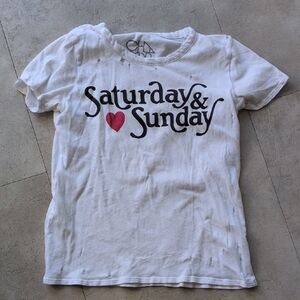 Women's Chaser Distressed White "Saturday & Sunday" Graphic Tee with Red Heart